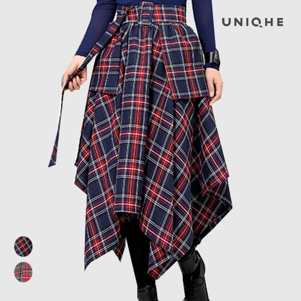 (UNIKE) チェック柄ハイウエストスカート