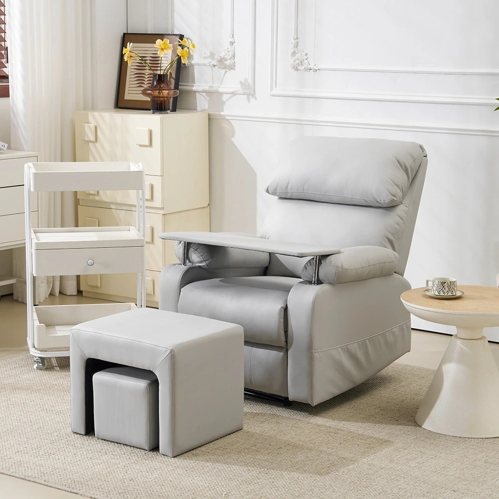 【国内即日発送】【セット品】リクライニングソファー 二つのオットマン ソファー 1人掛け ゲーミングチェア PU 160度調節可能　テーブル付き PUレザー チェア オットマン一体型 パーソナルチェア