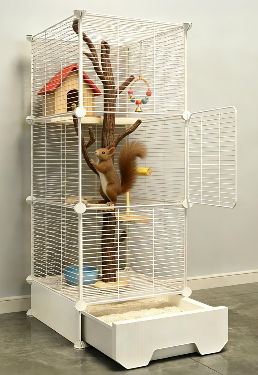 小動物ケージ 3段 大型 引き出し式トレイ付き リスケージ チンチラ/モモンガ/フクロモモンガ/デグー/フェレット/シマリス用 通気性 金網 縦型デザイン 37*37*125cm 組立簡単 日本語説明