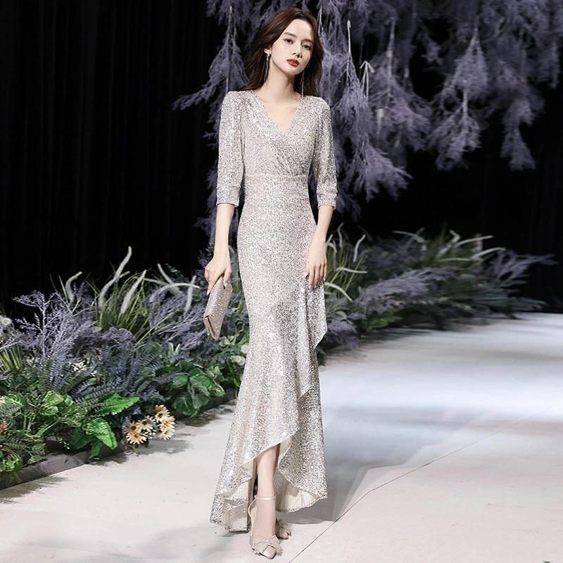 マーメイドドレス イブニングドレス シャンパンシルバー スパンコール キラキラドレス 発表会ドレス ロングドレス ブラック ワイン赤 シャンパンゴールド パーティードレス タイトドレス マーメイドライ