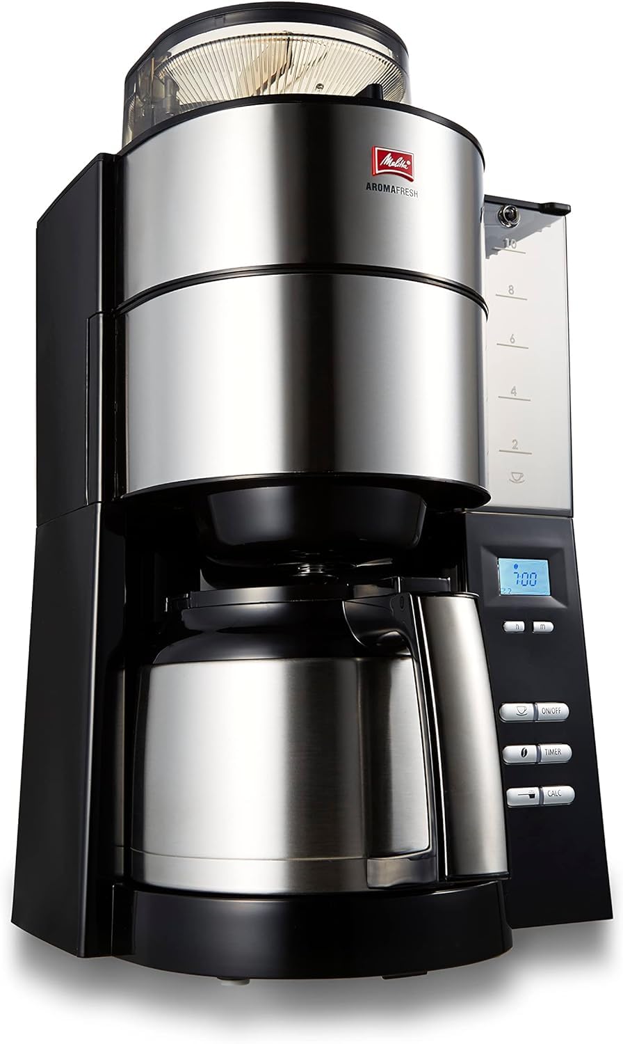 メリタ(Melitta) 全自動 コニカル式 コーヒーメーカー ミル付き アロマフレッシュ 10杯用【豆・粉対応/豆・水計量不要/挽き目段階調節可能/タイマー予約機能/ステンレスポット】