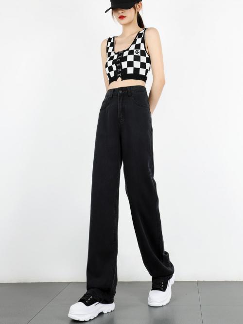 デニム ワイドパンツ レディース ハイウエスト 春秋 ジーンズ 薄手 ドレープ ストレート 黒 白 青