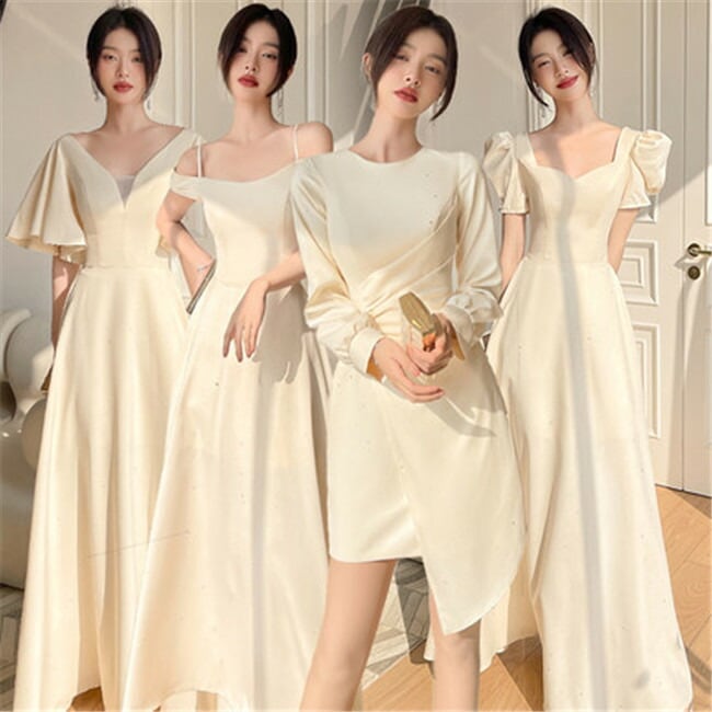 予約　4デザイン シャンパン ブライズメイドドレス　パーティードレス　ワンピース二次会演出司会結婚式お呼ばれ ロングドレス　マキシ丈　ブライズメイド　ドレス　二次会ドレス　フォーマルドレス