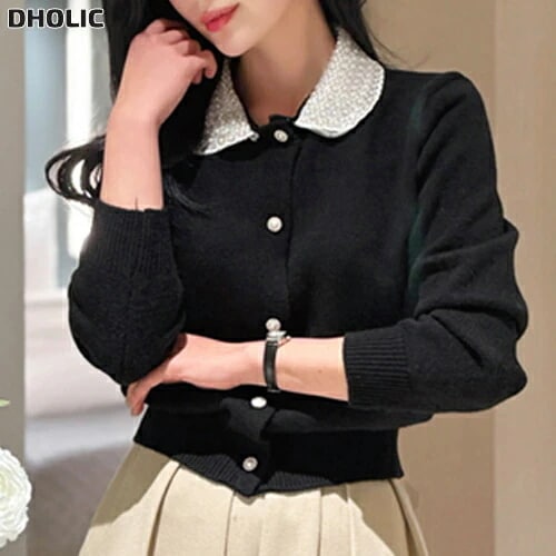 エコパールウール混ビジューボタンカラー長袖スリムカーディガン・1949256