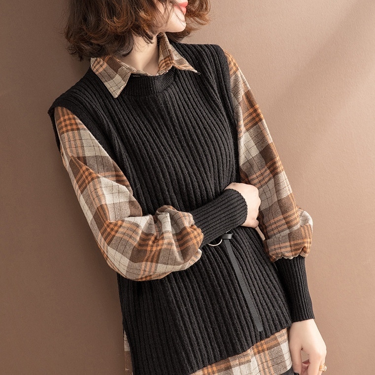 レディース トップス シャツ ニット ベスト 2点セット 前開き 普通丈 袖なし ノースリーブ 長袖 袖あり ポロカラー ワイド フェミニン ボタン 中厚手 かわいい 大人可愛い きれいめ シンプル