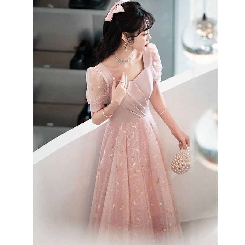 パーティードレス ピンクのイブニングドレス2024新作宴会高級感-79