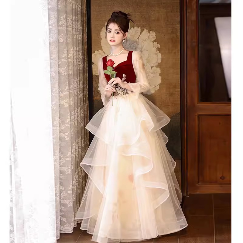 ウェア花嫁2024レッド結婚式婚約イブニングドレススカートハイエンドサマーホームカミング