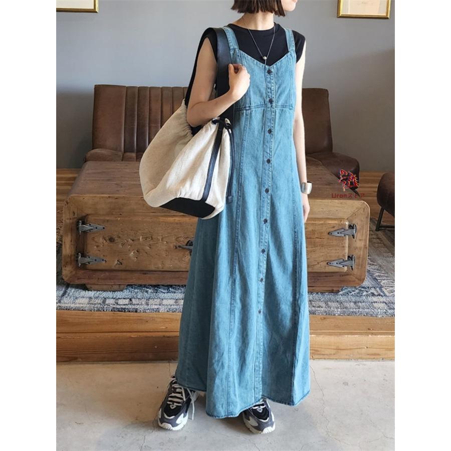 デニム ジャンパースカート ロングワンピース レディース デニムキャミワンピース ロング丈 マキシ丈 ノースリーブワンピース ジャンスカ キャミソール ワンピ