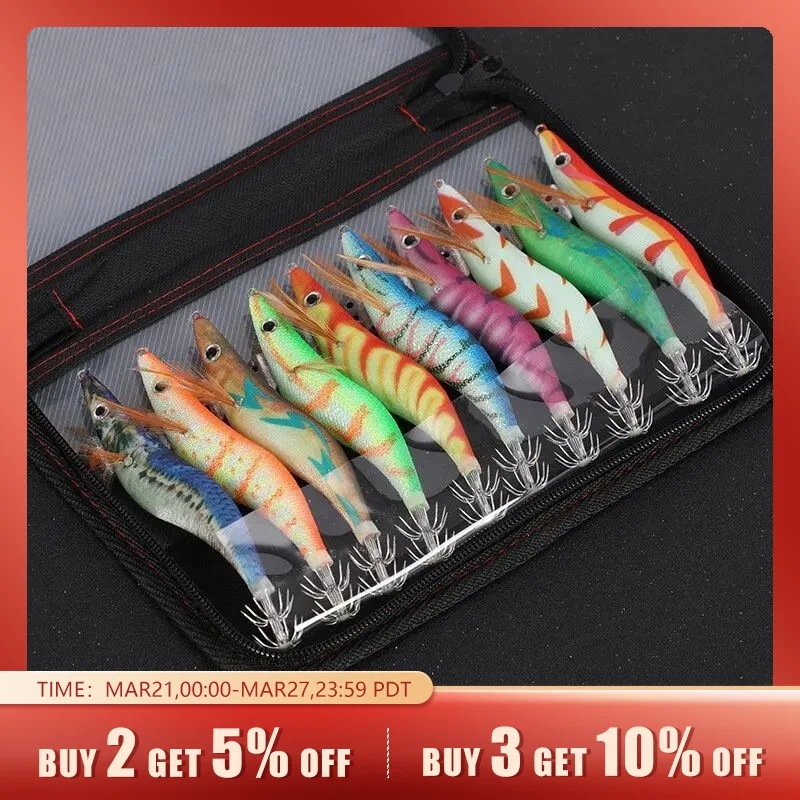 釣り木材エビ発光イカタコルアー10個入り3.0 3d目釣りハード餌ウォブラーイカジグルアーバッグ付き