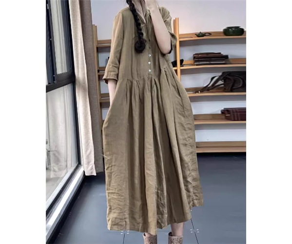 レディース ワンピース プルオーバー シャツワンピ ロング 5分袖 7分袖 Vネック Aライン ポケット 異国風 リネン 綿 コットン かわいい 大人可愛い シンプル カジュアル おしゃれ レトロ