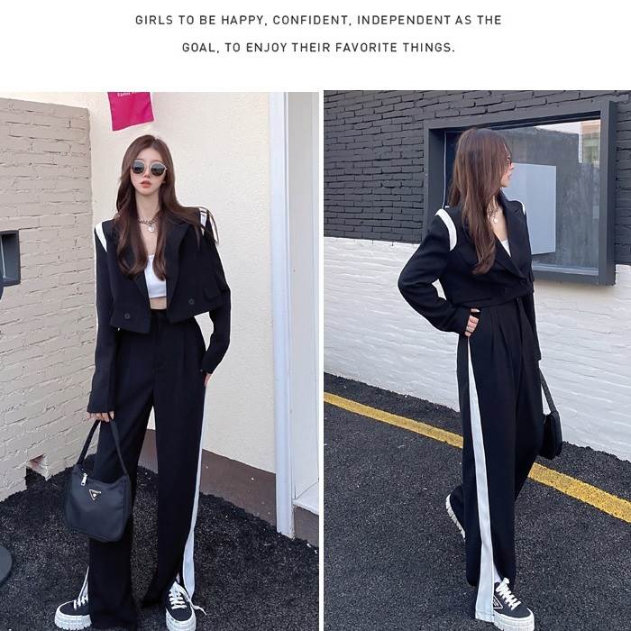 新品大人気 セットアップ パンツ スーツ カッコイイ ジャケット 黒 ブラック モノトーン ショート丈 トップス 上下セット 長袖 ハイウエスト バイカラー 個性的 ダンス 衣装 ズボン ウエストゴム