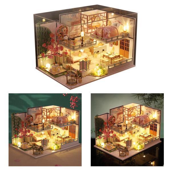 3Dドールハウスミニチュア家具セットdiy木製ドールハウスキットプラス防塵 & ledライトクリエイティブのための部屋女の子
