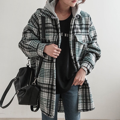 [BINS GIRL]体型カバーになる チェック 毛織 シャツ RON フード付き シャツ