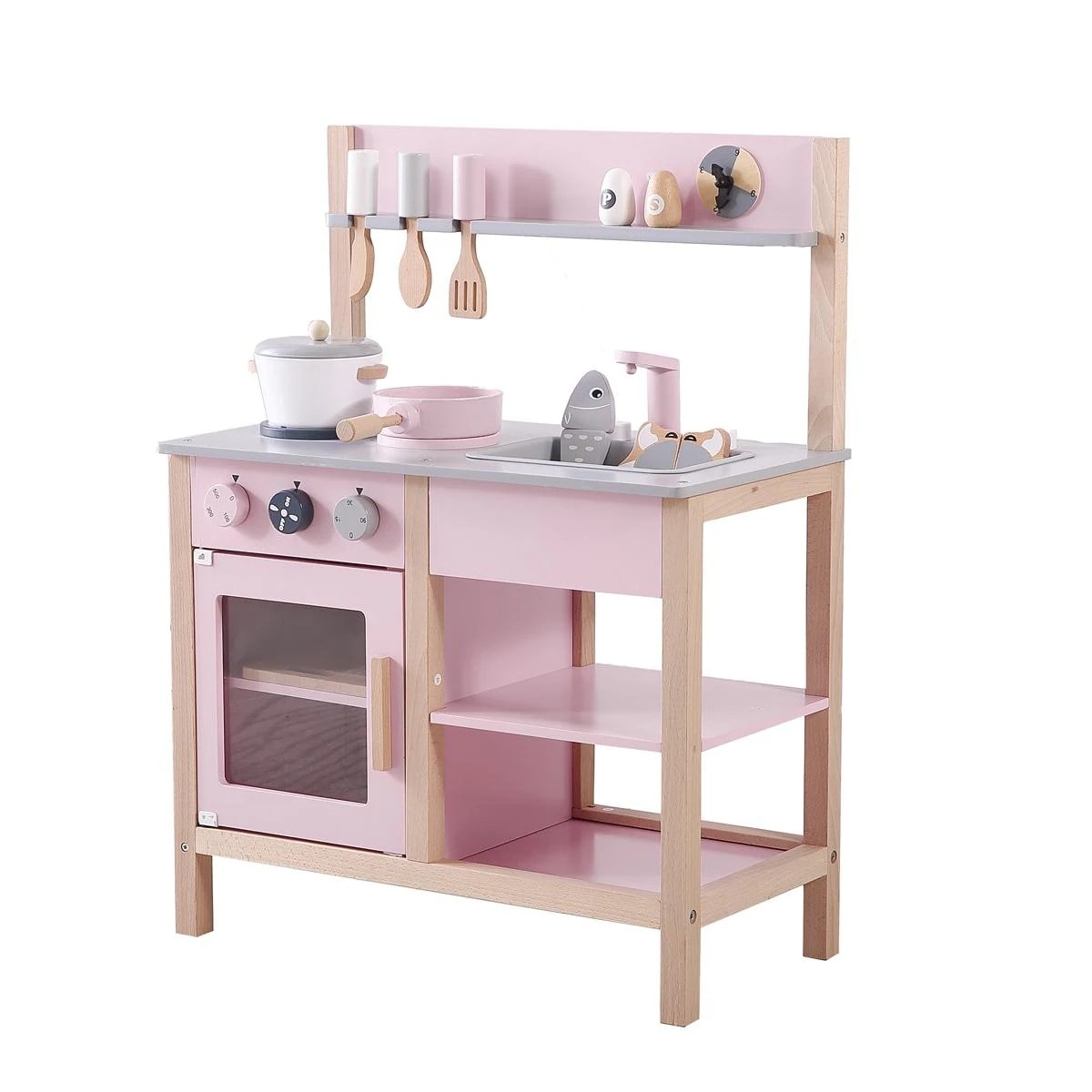 おままごとキッチン 木製 誕生日 台所 調理器具付 食材 知育玩具 コンロ ミニキッチン おもちゃキッチン Pink MDF