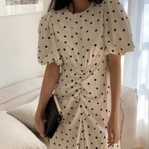 2色 ワンピース 半袖 春夏 かわいい ロング aライン シャツワンピース aライン Aライン フレア ロング ロング丈 マキシ マキシ丈 9分丈 アンクル丈 ぽわん袖 ボリューム袖 ボリュームスリー