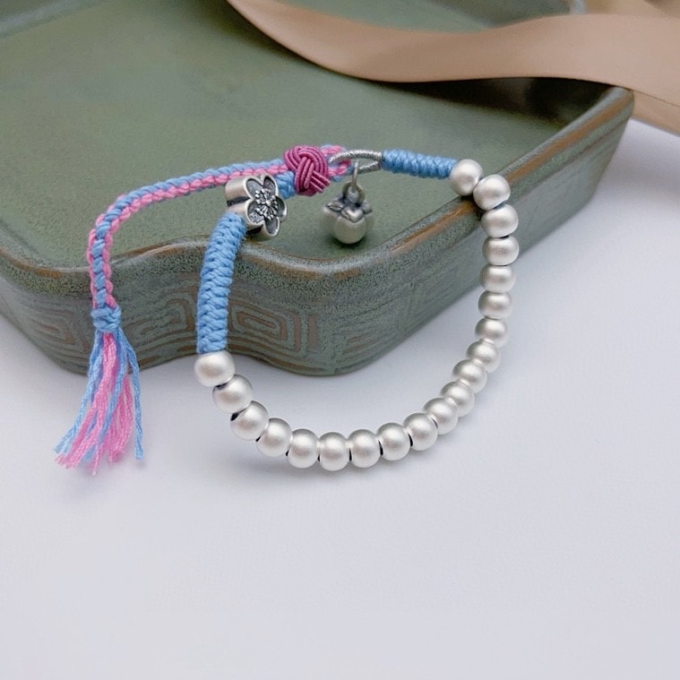 五瓣花事事如意足银手镯999 3D+990古法珠手链 小众 复古男女手串