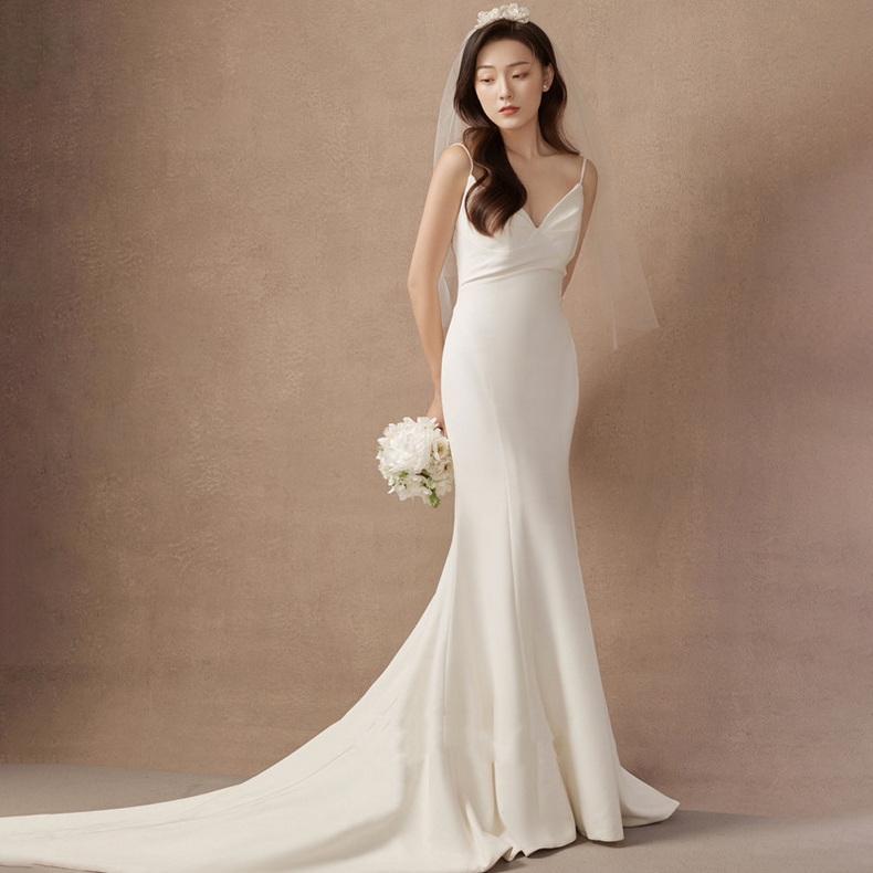 ウェディングドレス ウェディングドレス白 パーティードレス オフショルダー 花嫁ロングドレス 結婚式 トレーン 二次会 パフスリーブ お呼ばれ 挙式-497