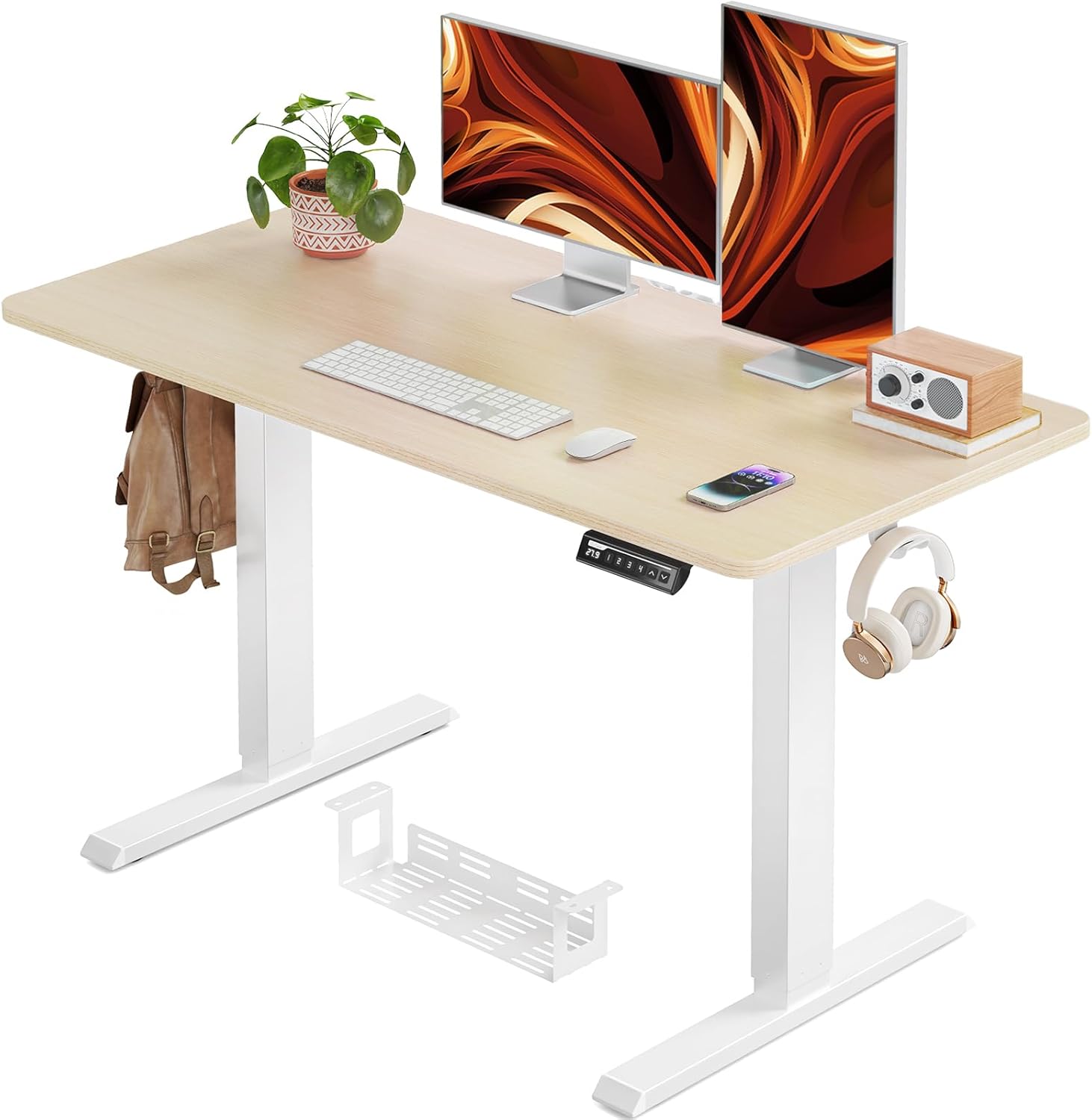 昇降式デスク 一枚板 スタンディングデスク 幅120cm 高さメモリー機能 上下自動昇降 衝突検知 静音 収納フック付き パソコン pc ゲーミングデスク テーブル テレワーク ケーブルトレイ付き【幅