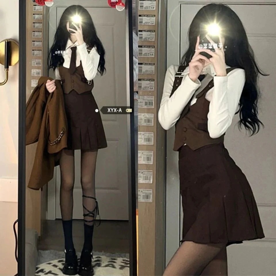 セットアップ制服 【3点セット】ショート丈ベスト＋長袖シャツ＋a字半身スカート春秋スーツ女 涼しく楽ちんセットアップ セット