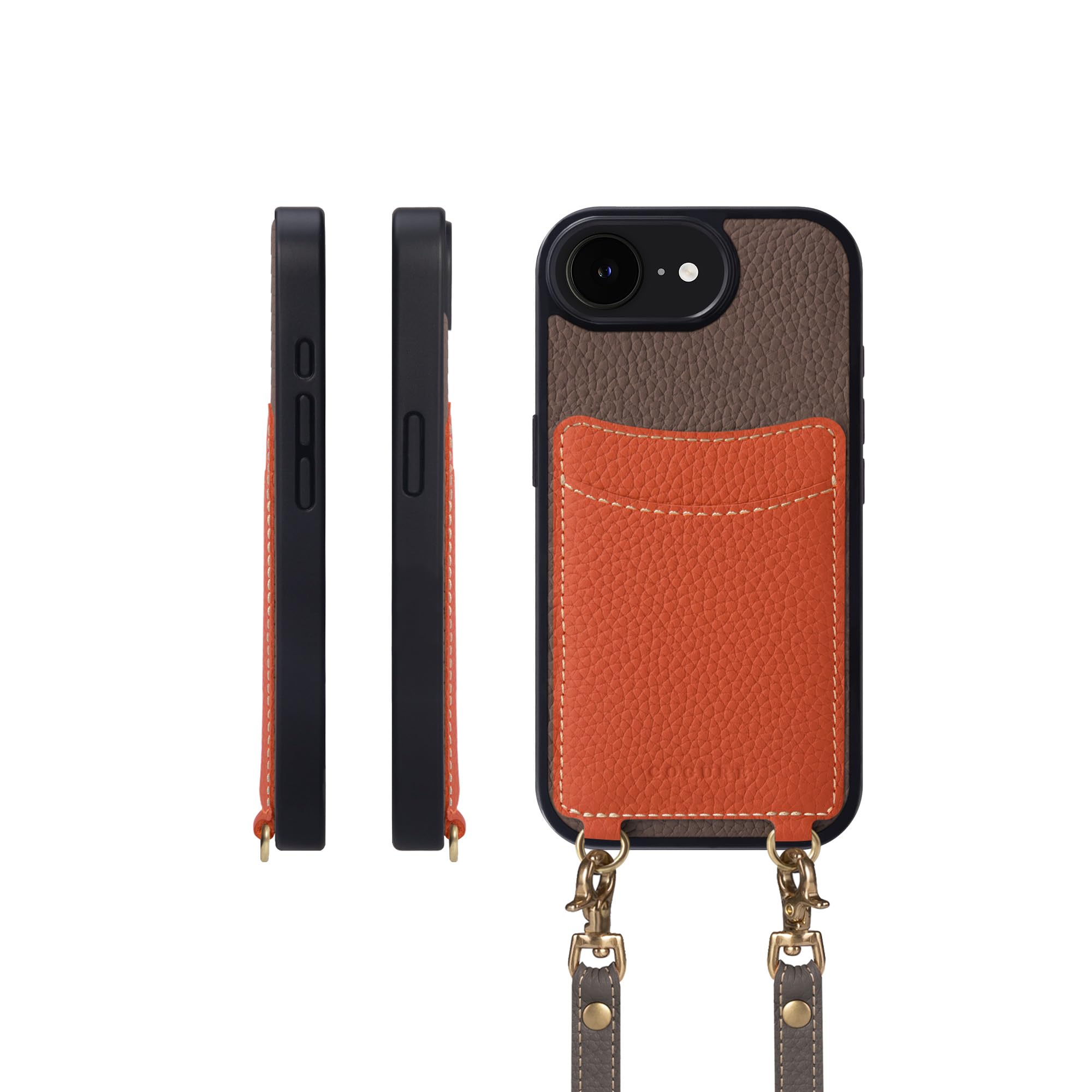 COGURE スマホケース iPhone16e用 ケース ショルダーストラップ 本革 カード収納 落下防止 耐衝撃 ギフトボックス付き COPGCS エトープ+オレンジ【Etoupe+OG】