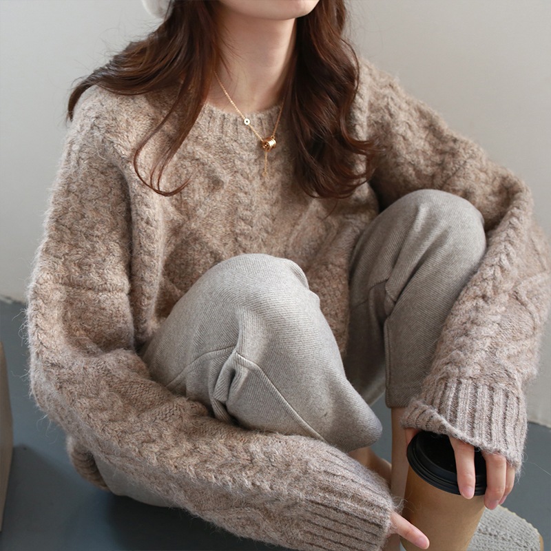 プルオーバーセーター トップス ミディアム丈 袖あり 長袖 ラウンドネック ニット かわいい