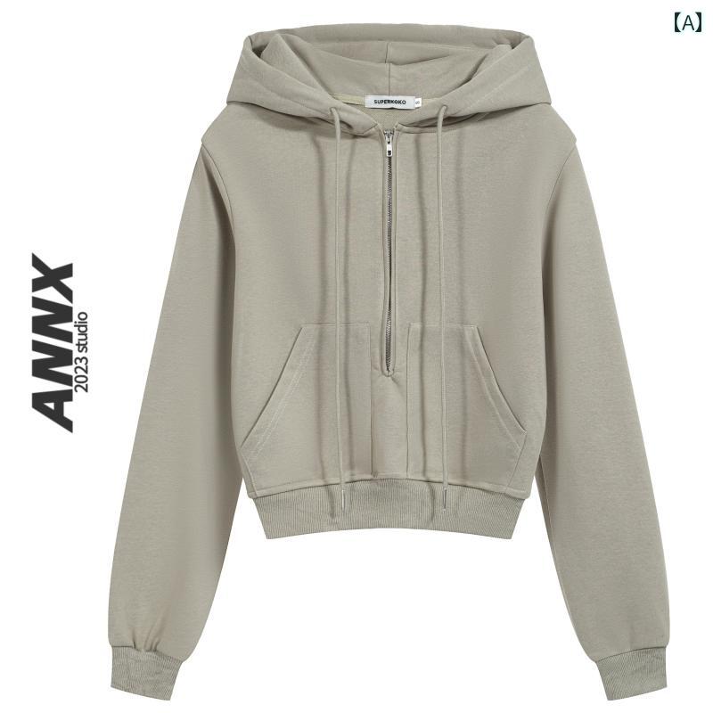 レディース トップス パーカー カジュアル ガールズ 普段使い 秋冬 アメリカン ハーフ ジップ ショート フード付き スウェットシャツ 女性 長袖