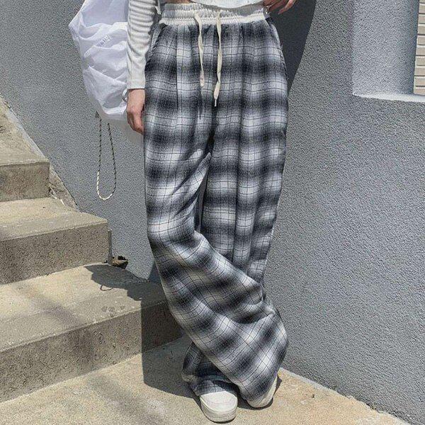 (DK)サンドチップチェックプリーツワイドパンツ 秋 レディース バンディングパンツ