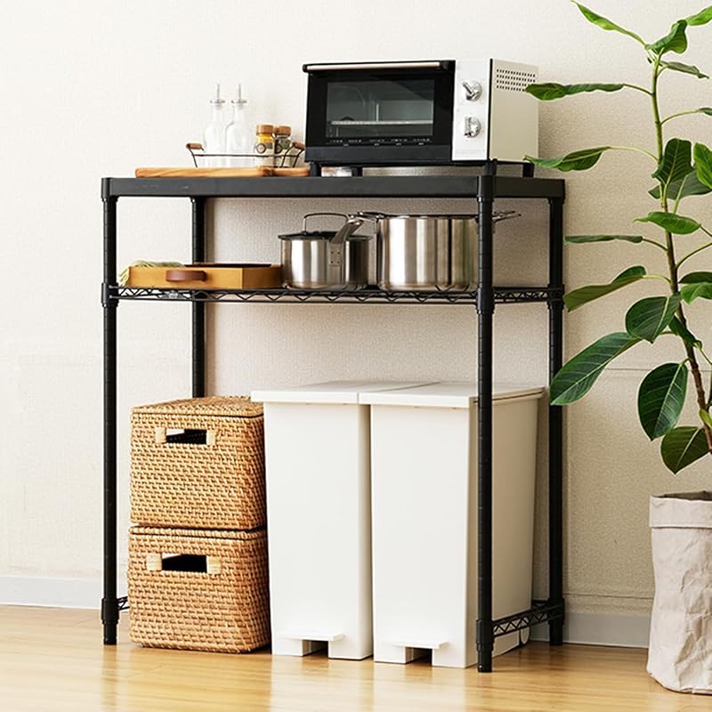 ドウシシャ ルミナス ノワール キッチンラック 棚 幅80 2段 スリムゴミ箱上ラック 全体耐荷重160kg 大型レンジ対応 レンジ台 炊飯器 作業台 オシャレな黒 コの字バー ソリッドシェルフ 幅8