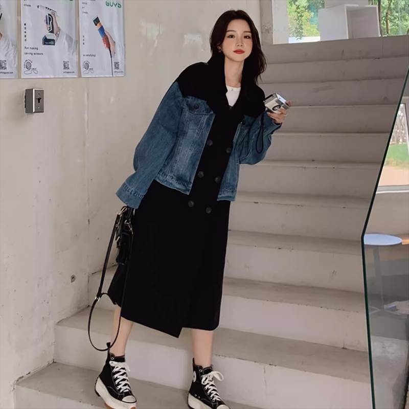 アウター レディース トレンチ 前開き ロング 長袖 Vネック 襟付き 切り替えデザイン ドッキング デニム ブルーデニム 異素材ミックス かわいい 大人可愛い 上品 おしゃれ かっこいい こなれ感