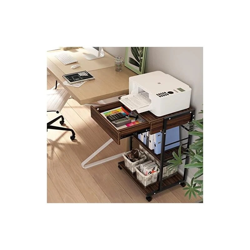 プリンター台 キャスター付き DEWEL 複合機ラック 3段 引き出し付き 中棚調整 幅50cm 奥行40cm 机上＆机下台 中棚5段階高さ調節可能 A4ファイル対応 総耐荷重60kg パソコンワゴン