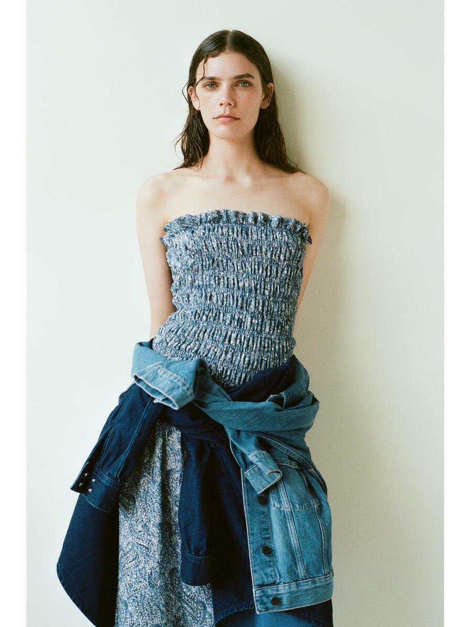 H&M スモーキングストラップレスドレスブルーペイズリー柄 1338792003