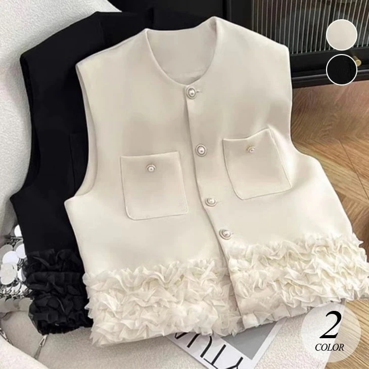 【2025新作 急速出荷】シングルブレスト ベスト レディース 重ね着 レイヤード 裾レース レース 上品 きれいめ ラウンドネック トップス アウター シンプル ビジネス オフィス フォーマル 韓国