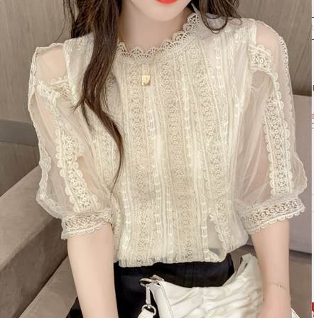 レディース トップス シャツ プルオーバー 半袖 レース袖 ハイネック レース襟 ストレート レース 刺繍 透け感 かわいい 大人可愛い きれいめ シンプル 上品 ガーリー エレガント ラブ