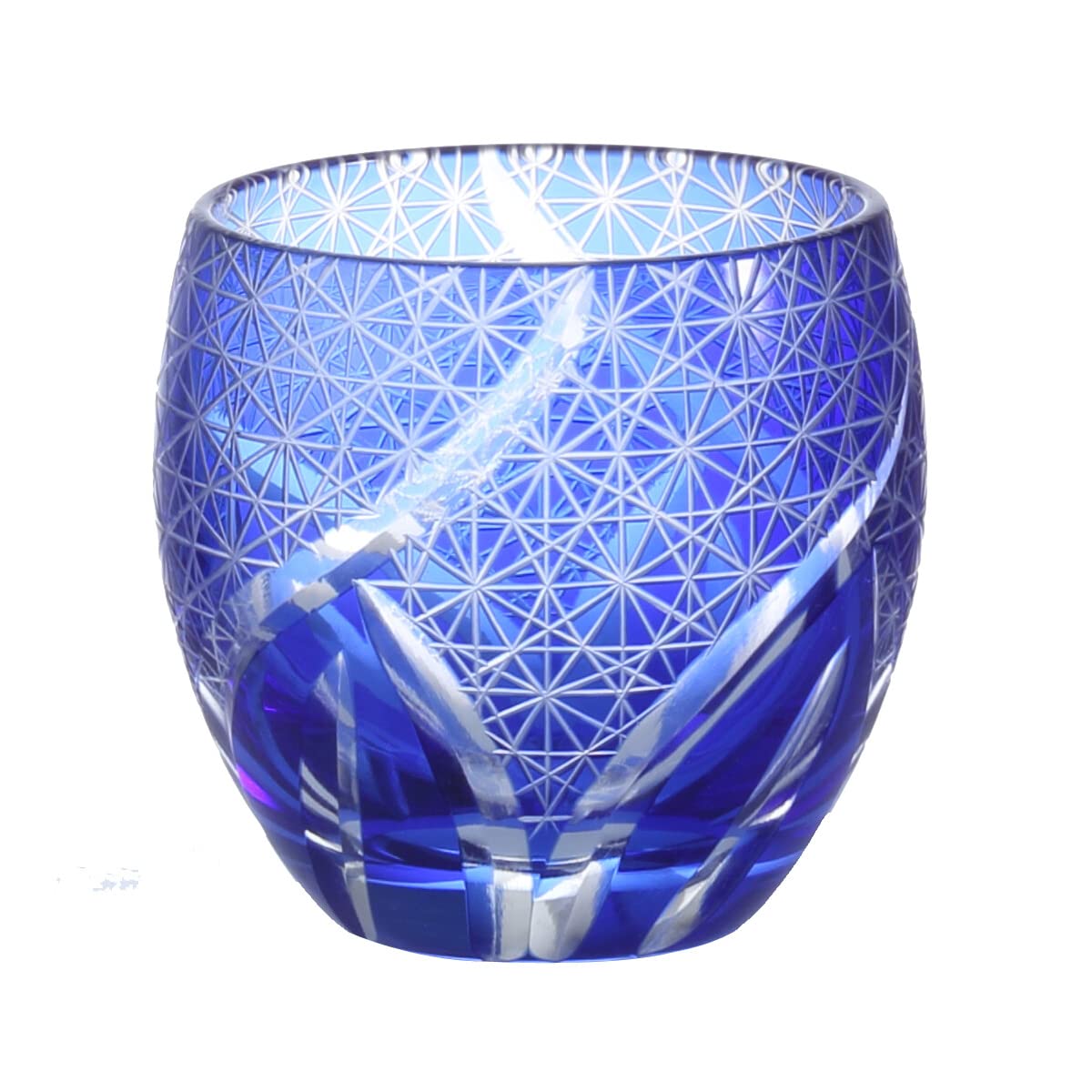 J-kitchens レトロ 切子 エッグ型 グラス カップ 冷酒 盃 Φ5.5×5.9cm 100cc 乱彫小紋 ブルー 華匠 Current Model