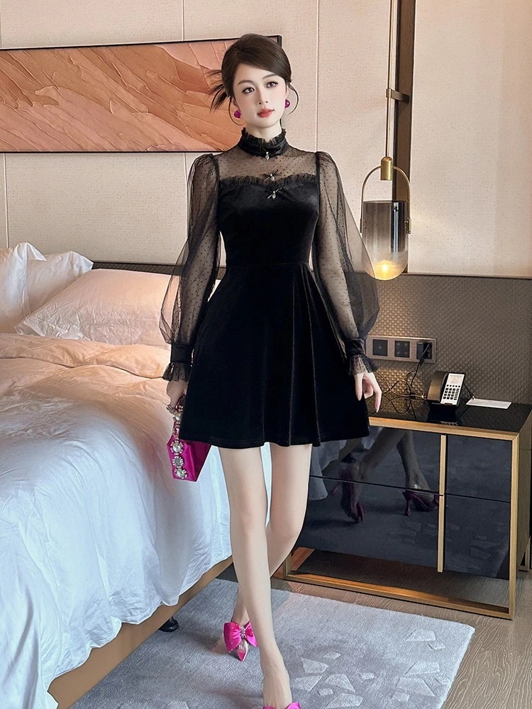 キャバ メガ割 ドレス ショートワンピース 2025秋新品 二次会 卒業式 結婚式 披露宴 チュールドッキング ウェディング 大人 同窓会 パーティー ベルベット 演奏会