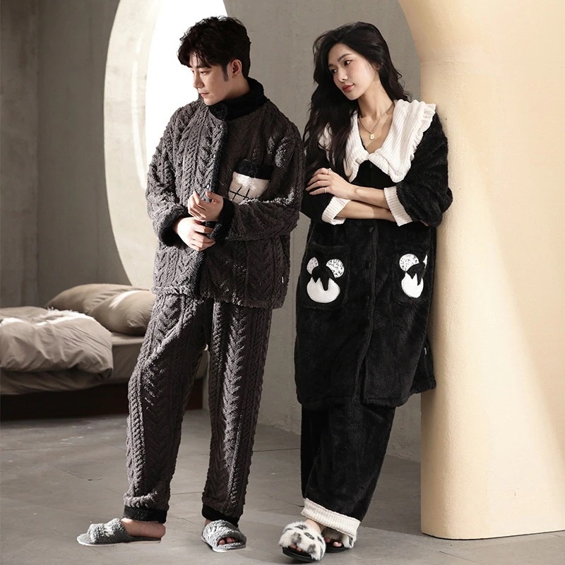 パジャマ レディースブラックロングパイルネグリジェ パジャマ２点セットフリース裏起毛极厚大きいサイズウェア韓国新作QYSY63