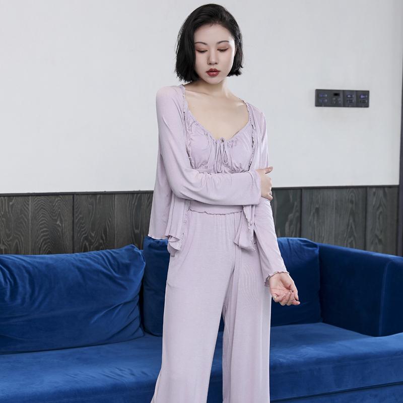 レディース パジャマ ルームウエア 春秋 魅惑的 モーダル 胸パッド 薄型 スリーピース ホーム 服 セクシー Vネック