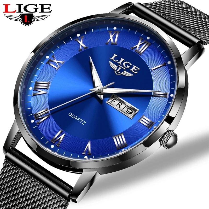 Lige-メンズ超薄型クォーツ時計ミニマリストシンプルビジネス腕時計ステンレス鋼週ファッション