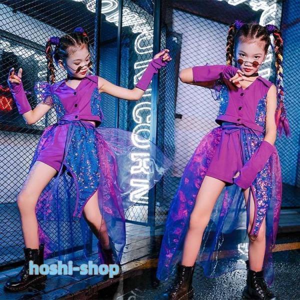 キッズ ダンス衣装 キラキラ スパンコール ガールズ ジャズダンス ヒップホップ チア チアガール パープル セットアップ へそ出し 応援団 練習着 おしゃれ