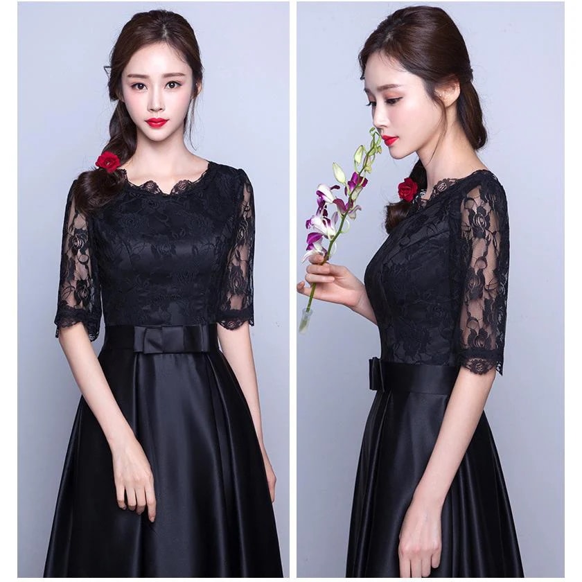 新品/数量限定/出荷が早いパーティードレス 結婚式 ロング レース リボン 袖あり フォーマル 2次会 同窓会 謝恩会 成人式