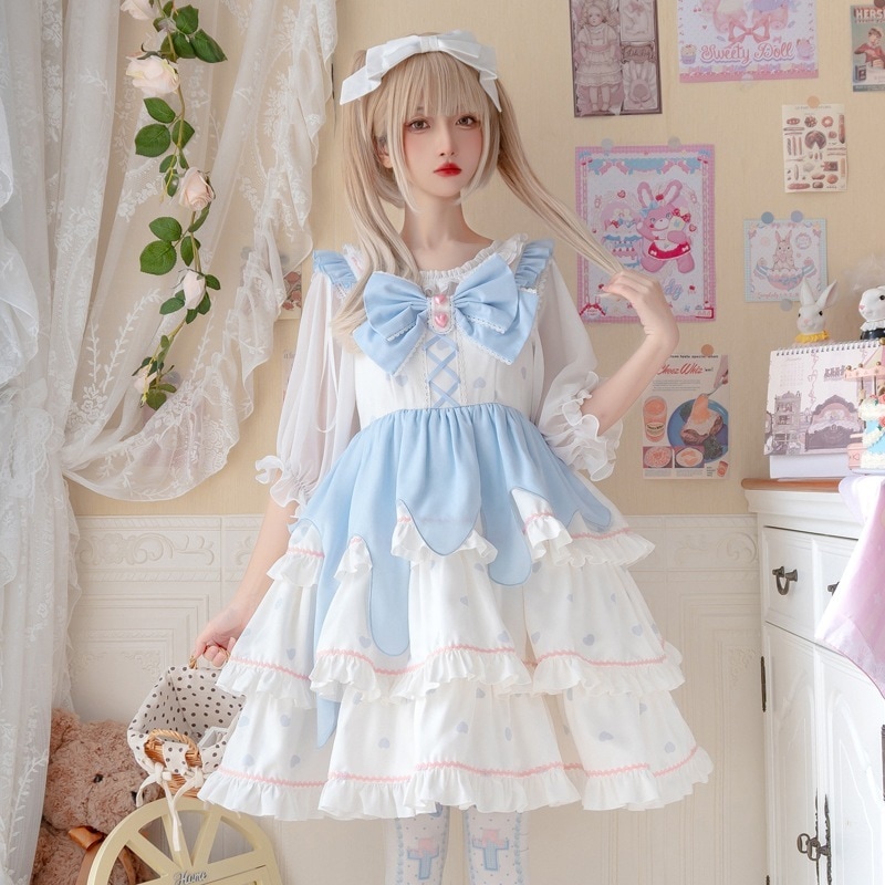 白桃ムースlolitaスカートオリジナル正規品日常可愛い甘系三段式ロリータサスペンダーjskスカート軽い