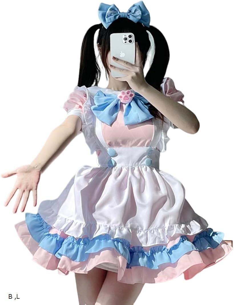 メイド服 コスプレ ハロウィン 仮装 大きいサイズ イベント ピンク 猫 肉球 ラブリー かわいい 衣装 セット(B L)
