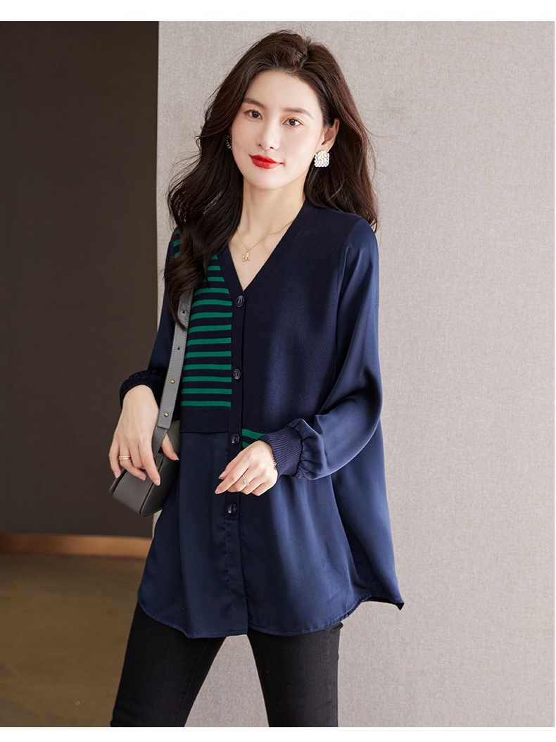 秋 プルオーバー ニット カーディガン女性 ファッション ステッチ ストライプ デザイン シャツ ブラック ネイビー ブラウン M L XL XXL トップス 袖あり かわいい 大人可愛い きれいめ