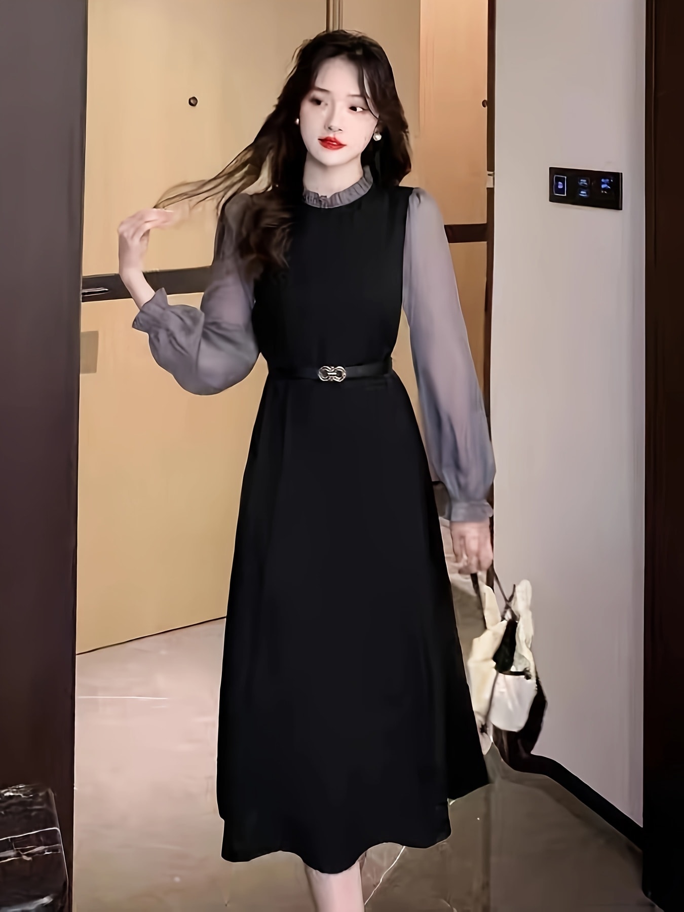 カラーブロックレタストリムドレスエレガントな長袖ミディドレス婦人服