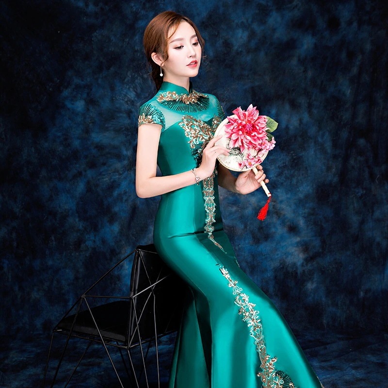 ワンピースドレスドレスバンケットドレステールホストショーチョンサムスリムチームパフォーマンスコスムロングスタイルの花嫁結婚式の服春