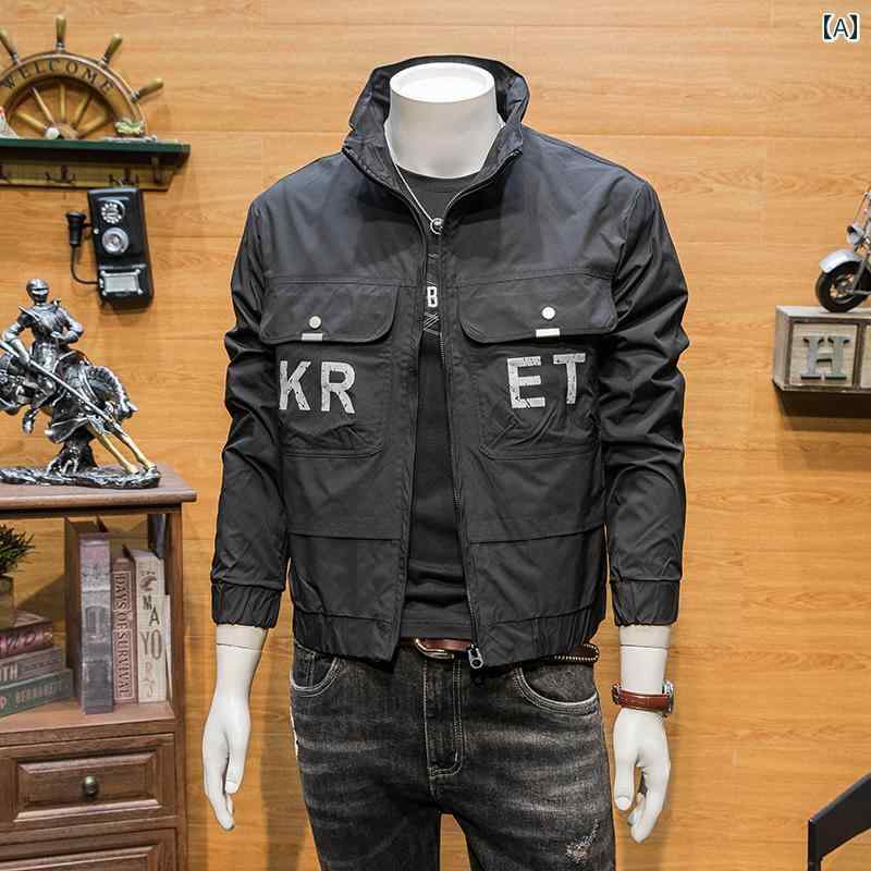 メンズ ファッション スタンドカラー ジャケット 春秋 スリム トレンド レター プリントワーク ジャケット カジュアル トップス