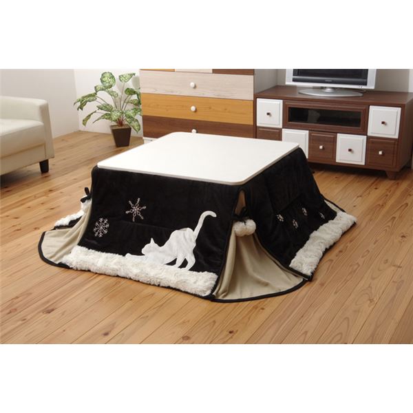 猫柄 こたつ布団/こたつ掛け布団 (単品 ブラック 約175×175cm) 洗える 薄型 省スペース マイクロファイバー (リビング)
