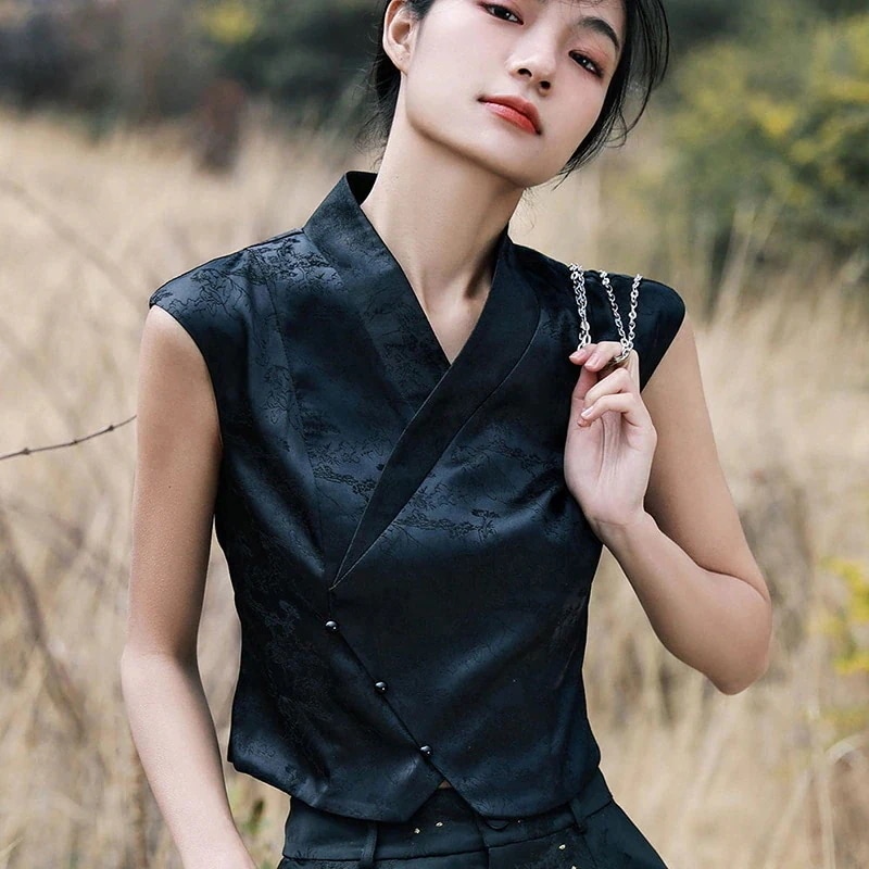 【急速出荷!】ノースリーブトップス レディース チャイナ風Tシャツ ショート丈 黒 ジャガードシャツ