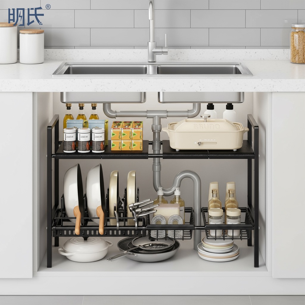 シンク下収納ラック 伸縮式 バスケット 2 個付き 53-88×25×48.5cm ブラック