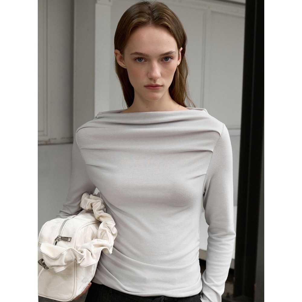 ウイーシャーリングディテールボートネックTシャツグレー OU1445